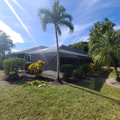 Low-slung modern house with dark exterior, shaded porch, tall palm tree, yellow flowers, and tropical landscaping under blue sky
